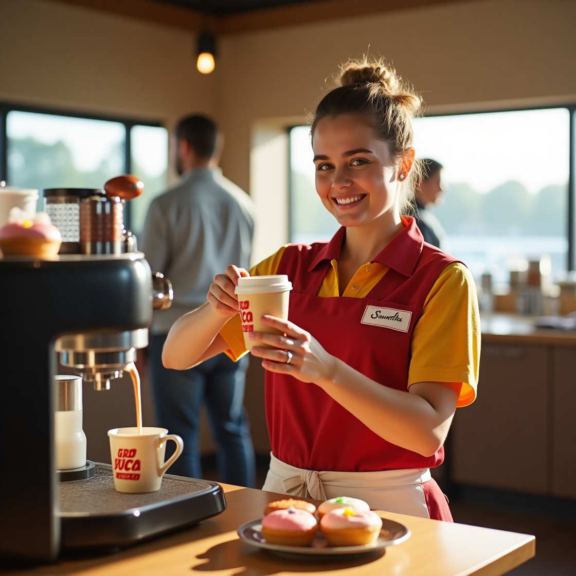 Tim Hortons employee serving coffee